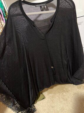 White House Black Market Black Sheer Poncho Top Size S | Lace Trim Tassel Tie Bo